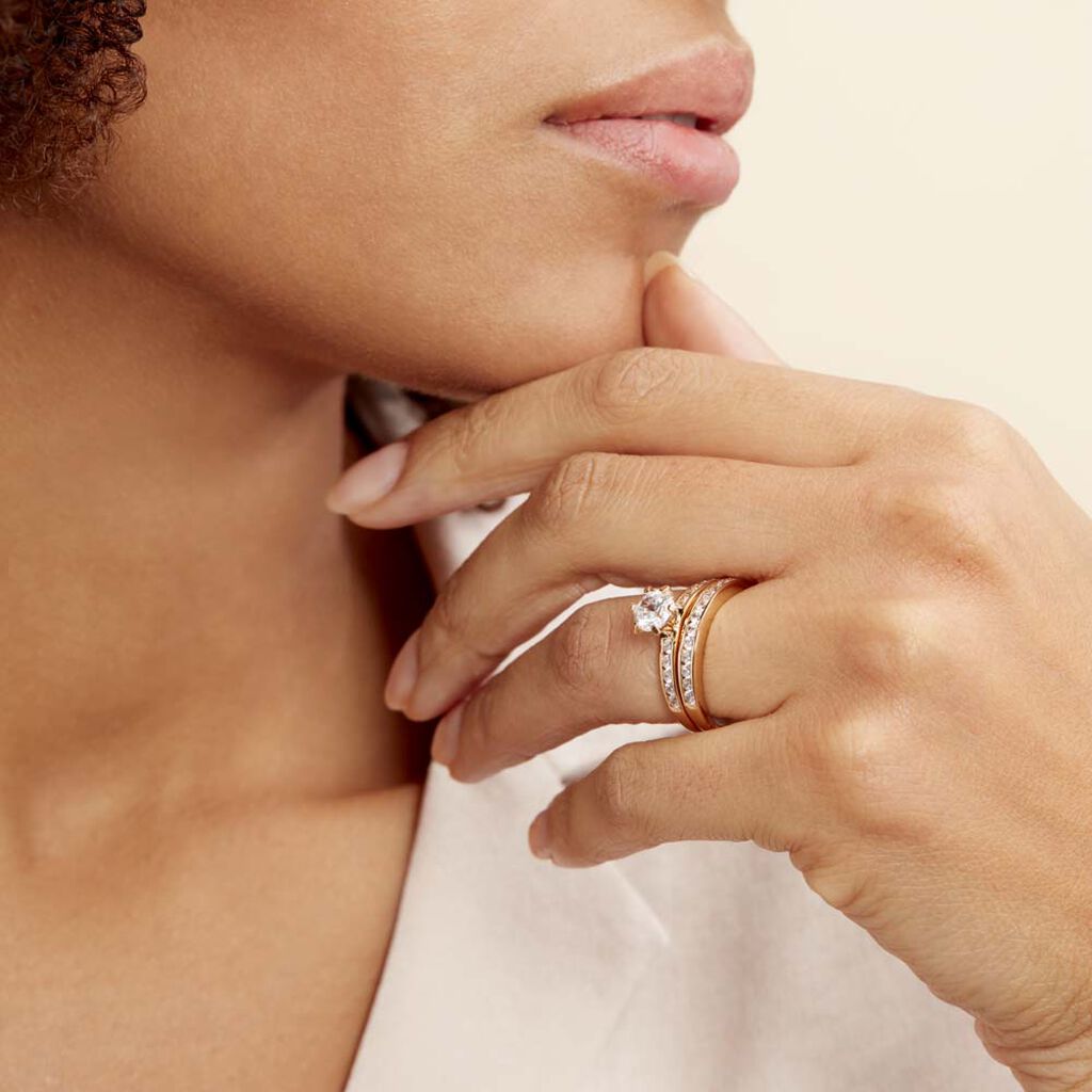 Bague alliance anneau plaqué or solitaire zircon transparent bijoux joaillerie 